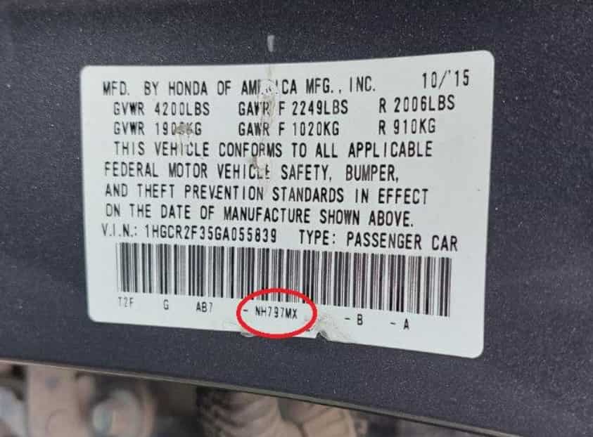 honda paint codes location